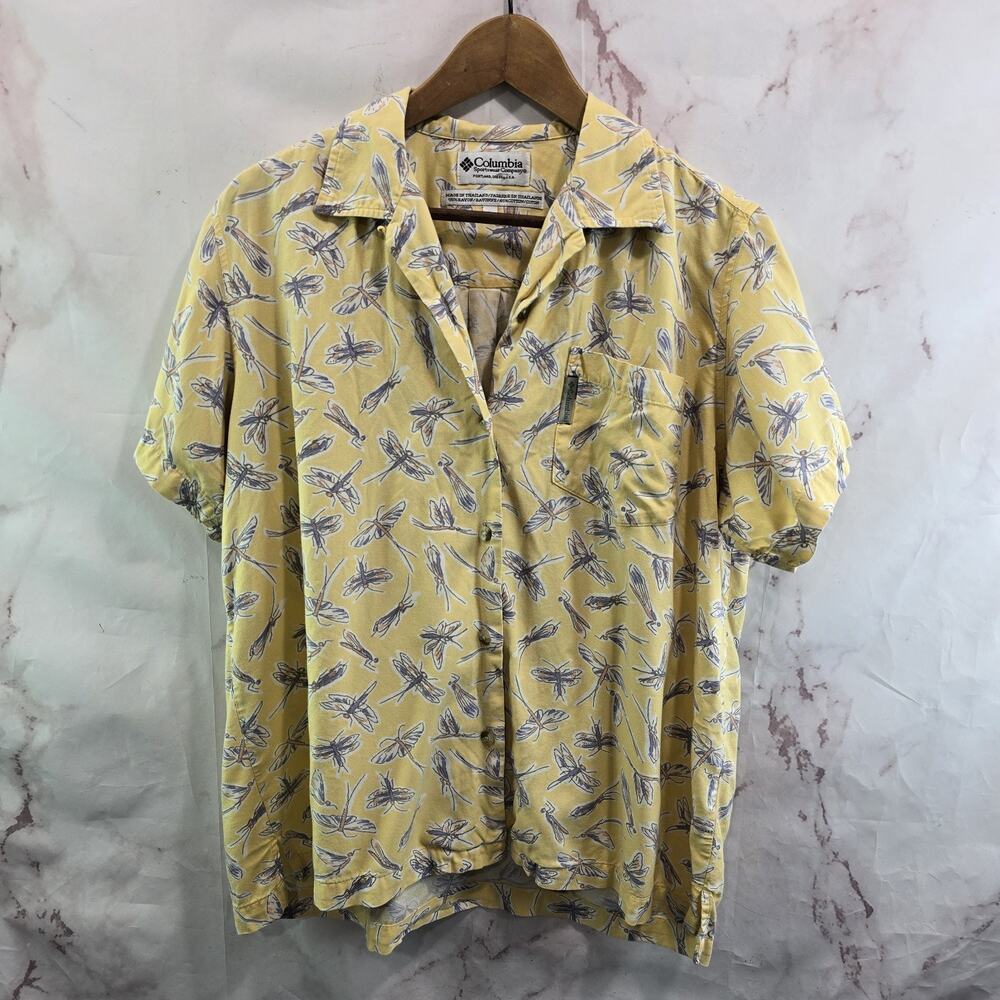 Columbia Shirt Womens Large Yellow Button Up Short Sleeve Dragonfly Bug Vtg Camp